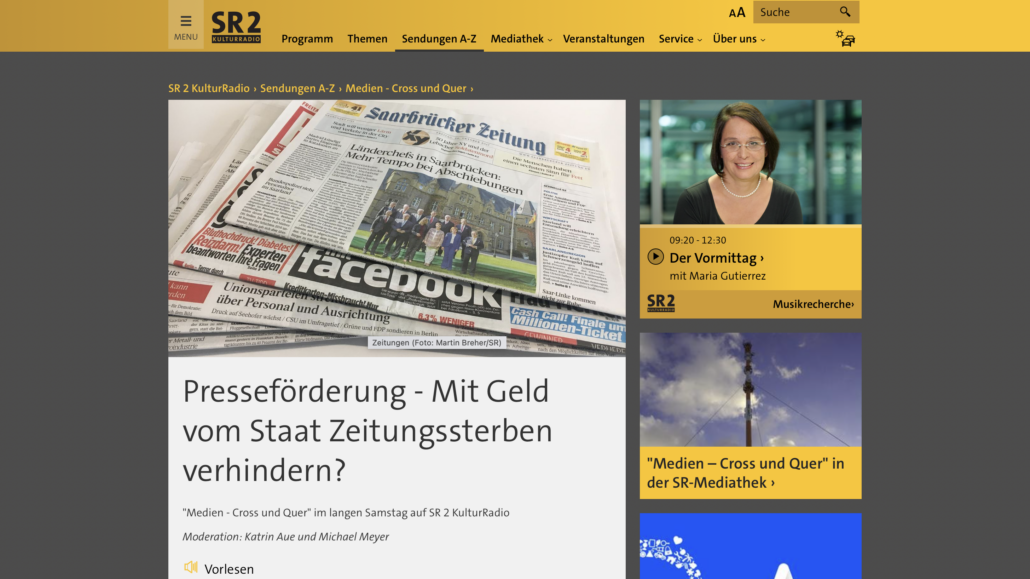 Screenshot https://www.sr.de/sr/sr2/sendungen_a-z/uebersicht/medienwelt/20230527_pressefoerderung_medien_cross_und_quer_sendung_100.html